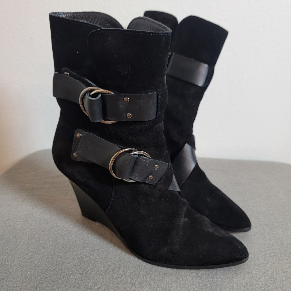 Givenchy Black Suede Leather Buckle Wedge Ankle Boots Pointed Toe Italy EU 38.5